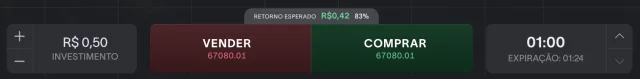 Painel de operação da FuturaBroker com o investimento, os botões Vender e Comprar e a duração
