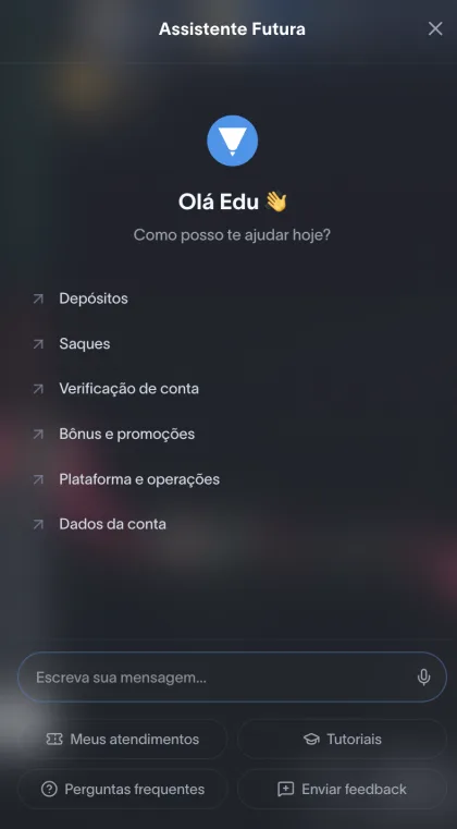 Tela inicial do Assistente Futura com saudação e as seis categorias de ajuda