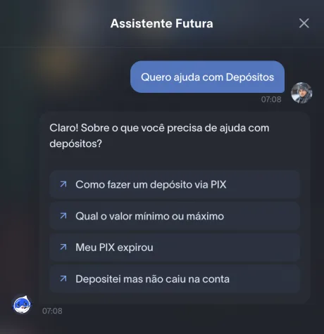 Assistente Futura respondendo a uma dúvida e sugerindo opções clicáveis